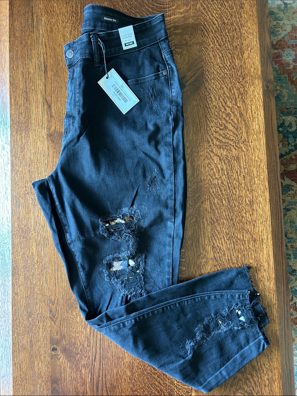 Judy Blue Black Distressed Skinny Jeans with Leopard Print Accents